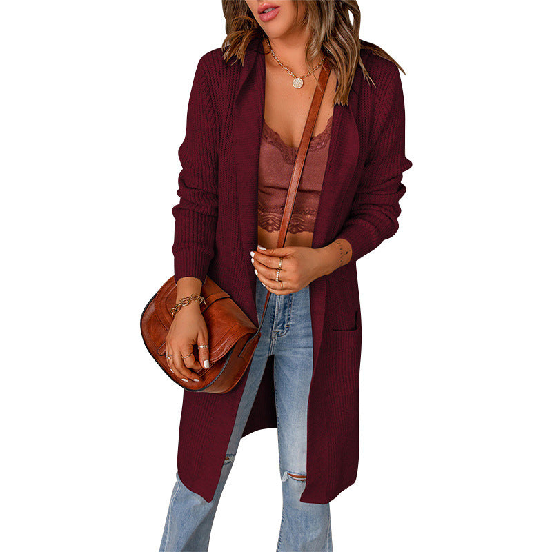 Women's Plush Knit Longline Knit Cardigan with Ribbed Cuffs – Wine Red