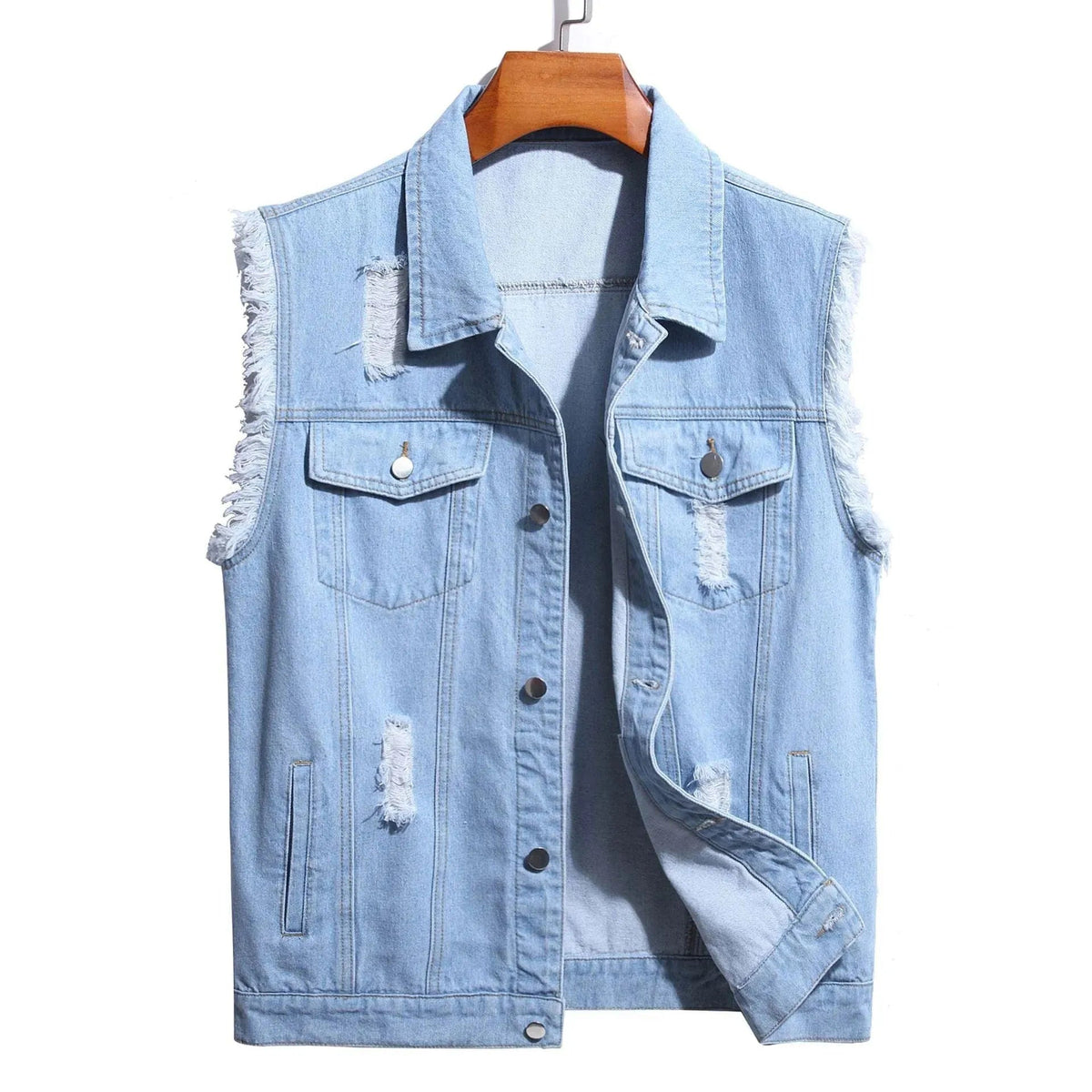 Men's Distressed Denim-Wash No-Sleeve Vest – Light Blue