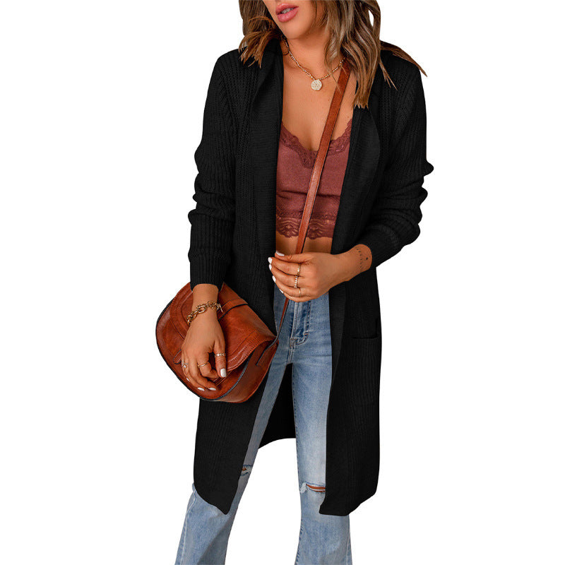Women's Plush Knit Longline Knit Cardigan with Ribbed Cuffs – Black