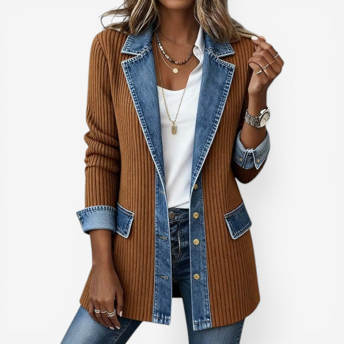 Women's Knit and Denim-Wash Layered Collar Button Jacket – Khaki