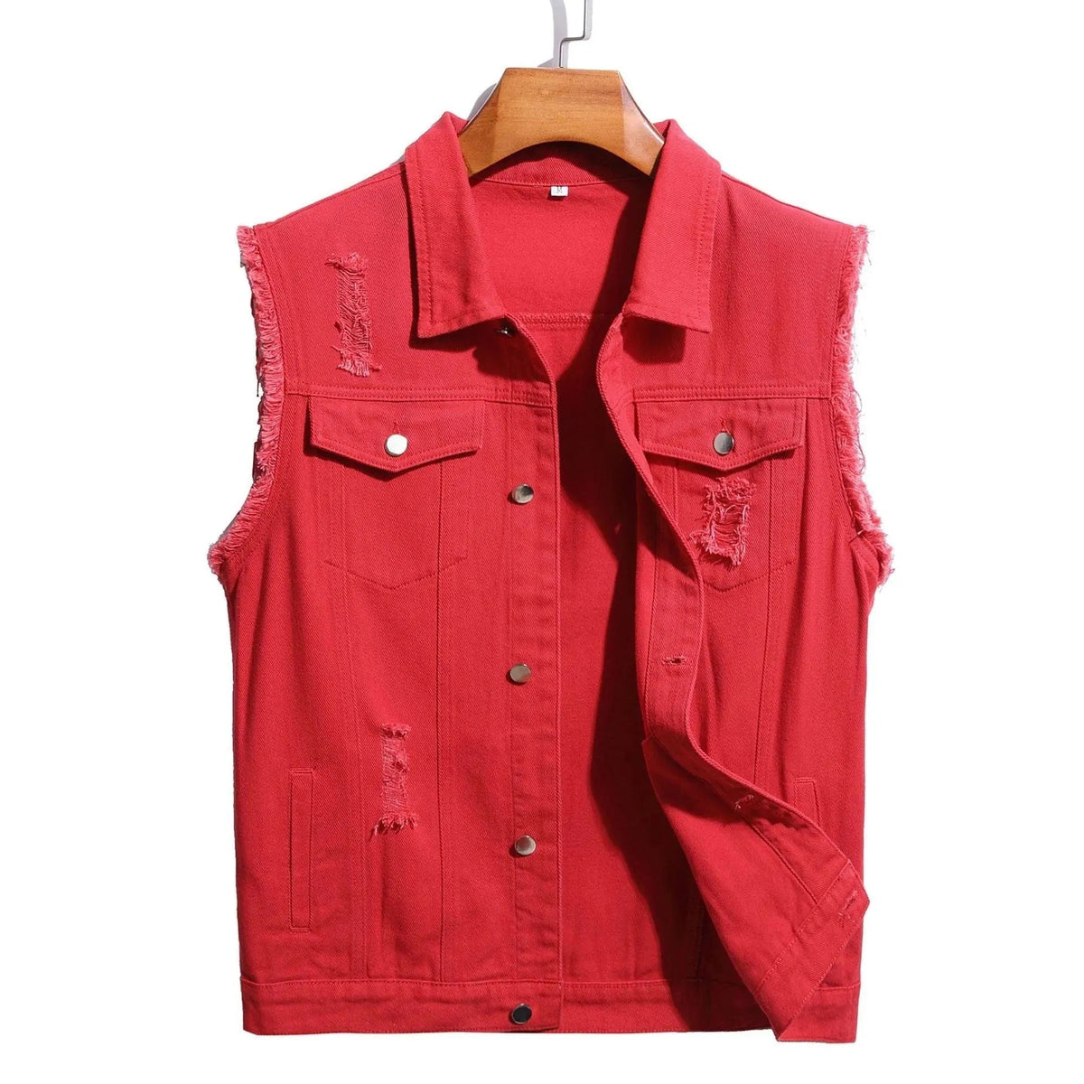 Men's Distressed Denim-Wash No-Sleeve Vest – Red