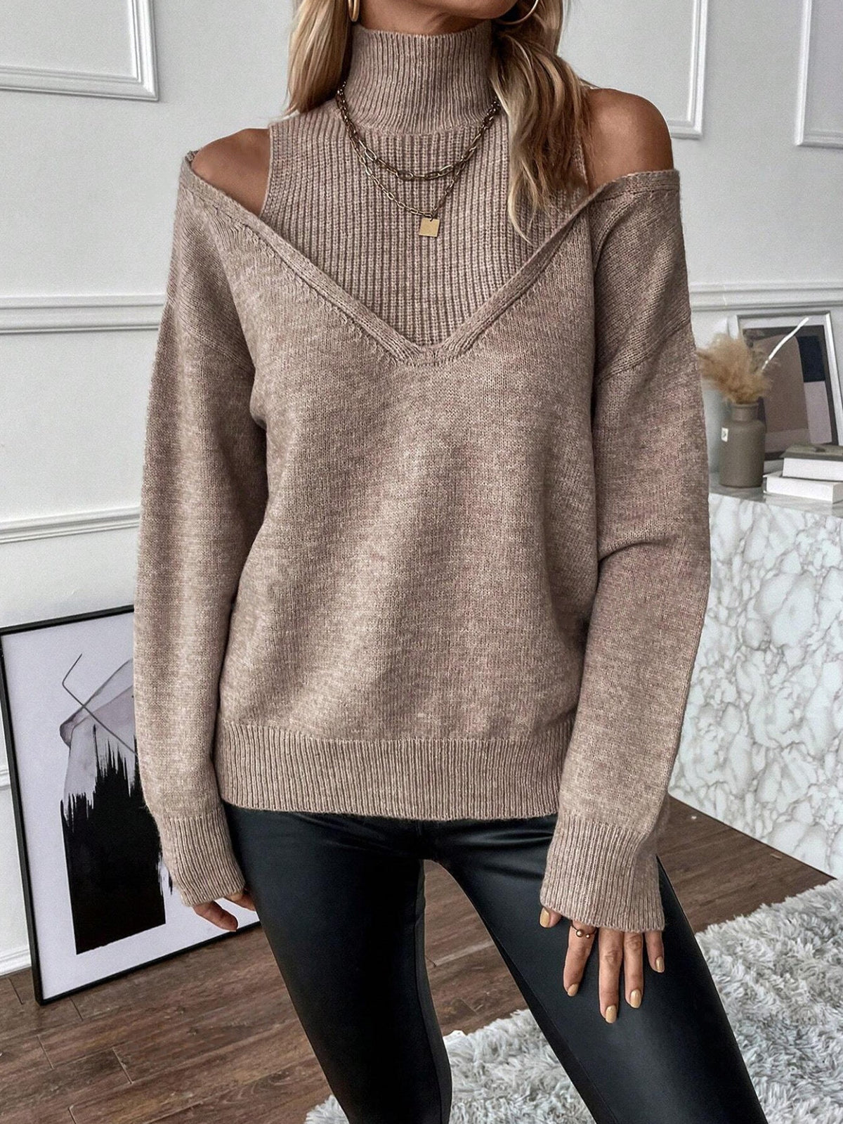 Women's Cold-Shoulder Roll-Neck Knit Pullover – Khaki