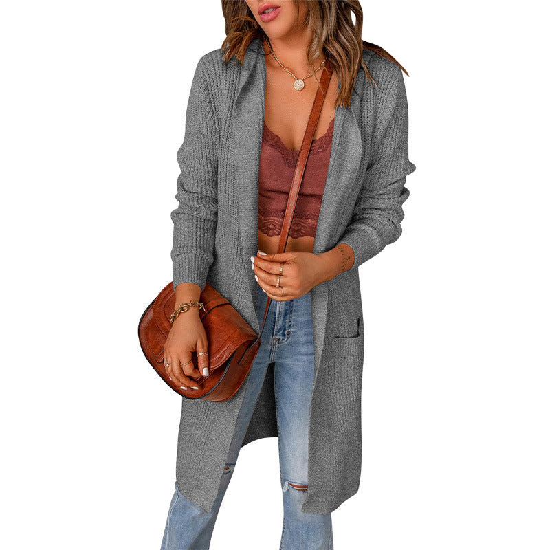 Women's Plush Knit Longline Knit Cardigan with Ribbed Cuffs – Gray