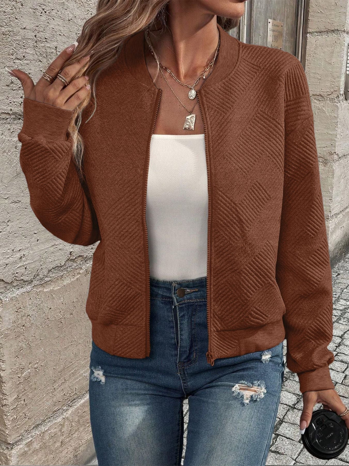 Women's Textured Zip-Front Relaxed-Fit Knit Cardigan – Brown