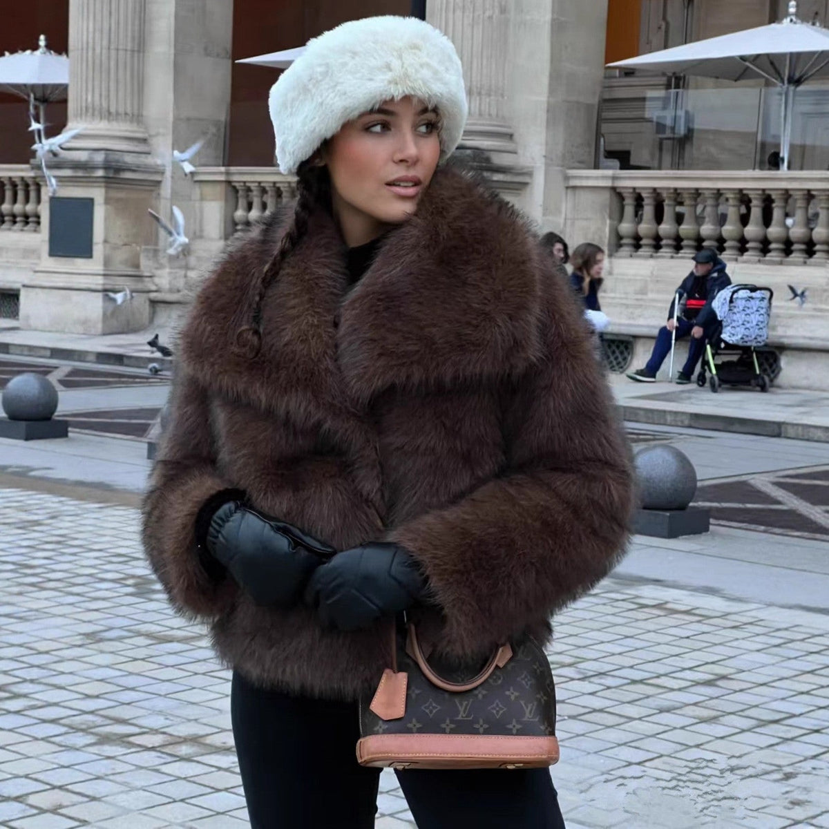 Women's Plush-Fur Short Coat with Statement Collar – view 1