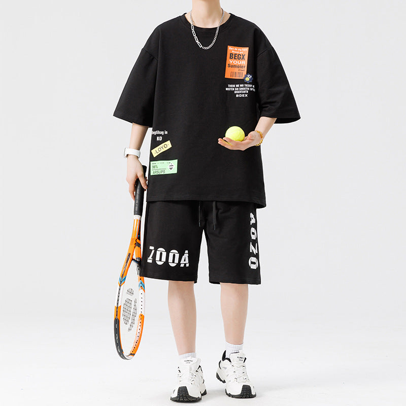 Men's Print-Detail Loose-Fit T-Shirt and Relaxed-Fit Shorts Set – Black