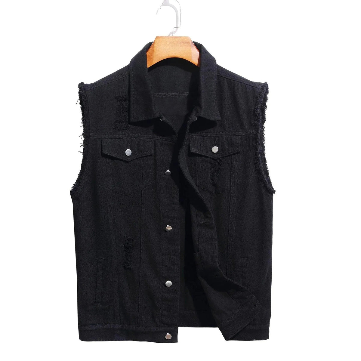 Men's Distressed Denim-Wash No-Sleeve Vest – Black