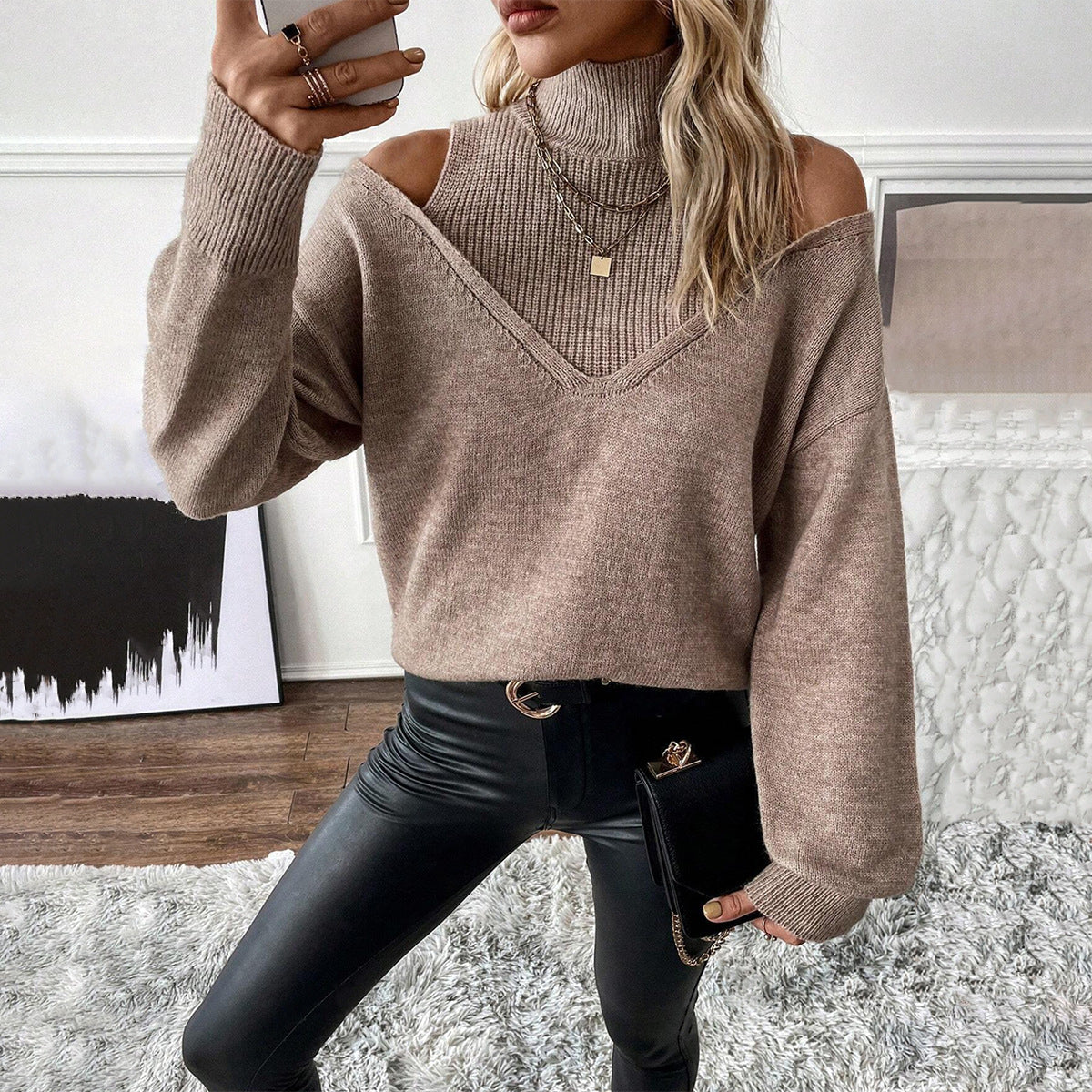 Women's Cold-Shoulder Roll-Neck Knit Pullover – view 7