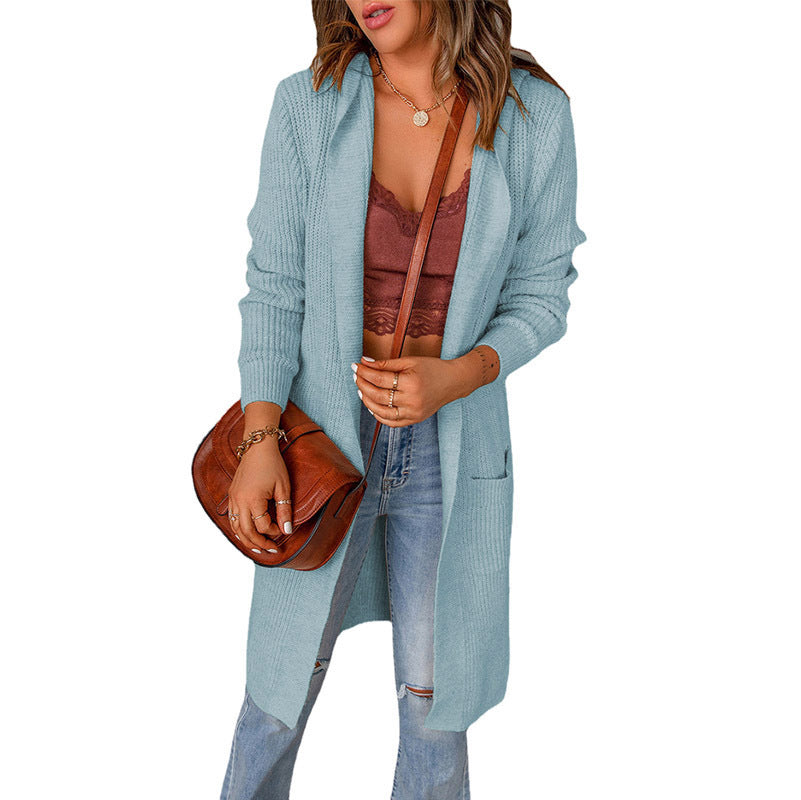 Women's Plush Knit Longline Knit Cardigan with Ribbed Cuffs – Light Blue