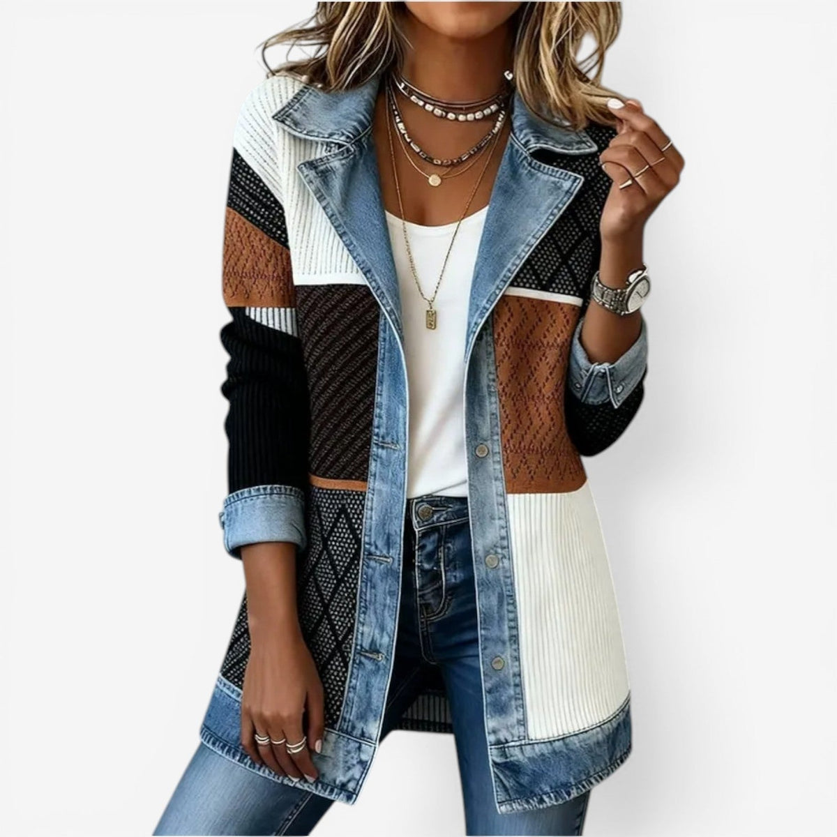 Women's Knit and Denim-Wash Layered Collar Button Jacket – Mulitcolor