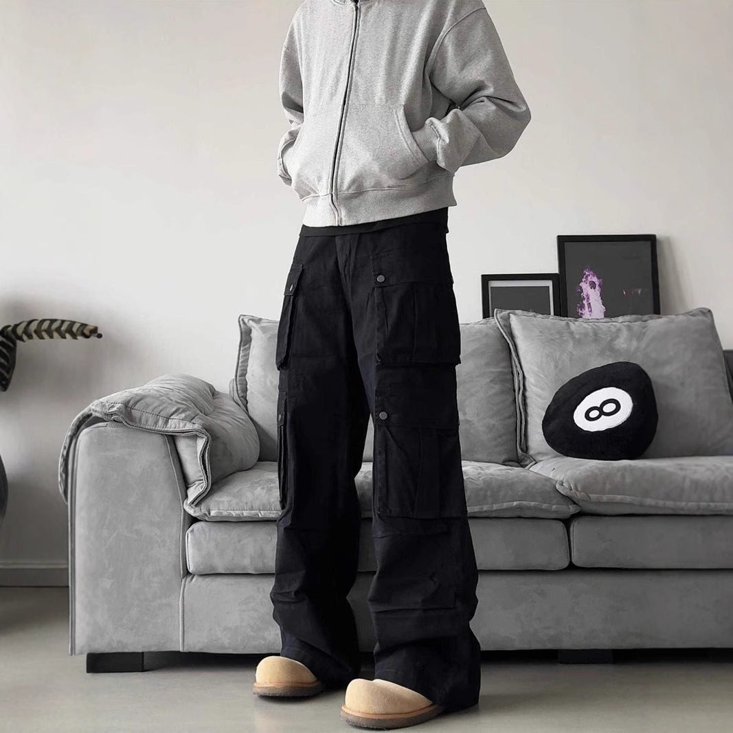 Men's Flared-Leg Multi-Pocket Cargo Trousers – Black