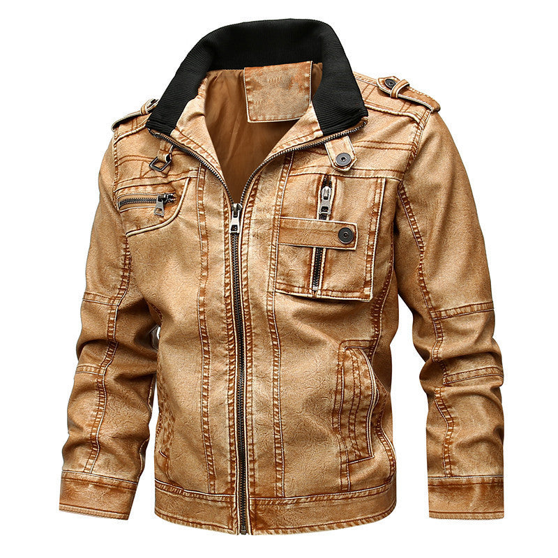 Men's Multi-Pocket Utility Leather Jacket for Layering – Khaki