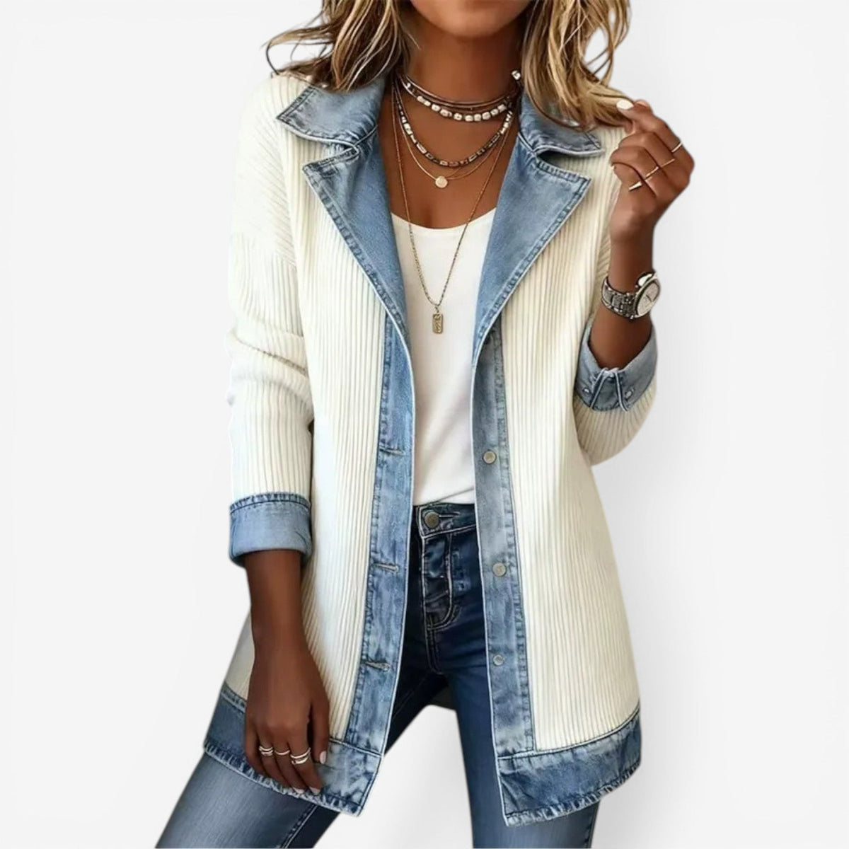 Women's Knit and Denim-Wash Layered Collar Button Jacket – White