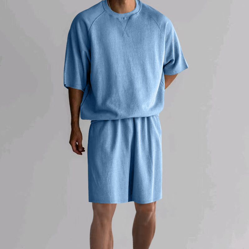 Men's Terry Tie-Waist Shorts and T-Shirt Set – Light Blue