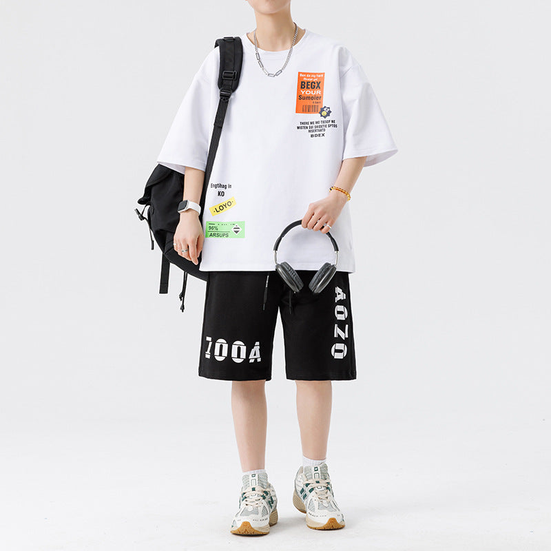 Men's Print-Detail Loose-Fit T-Shirt and Relaxed-Fit Shorts Set – White/Black