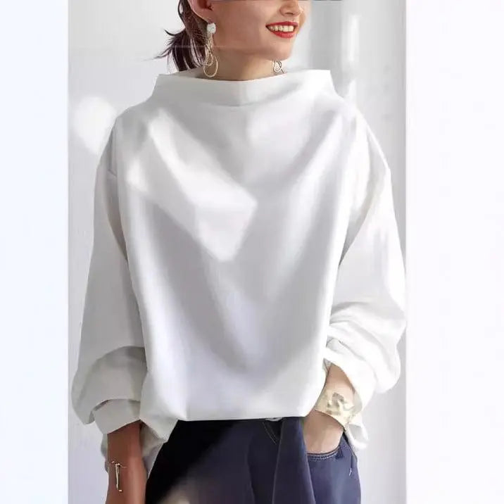 Women's Loose-Fit Roll Neck Knit Top – White