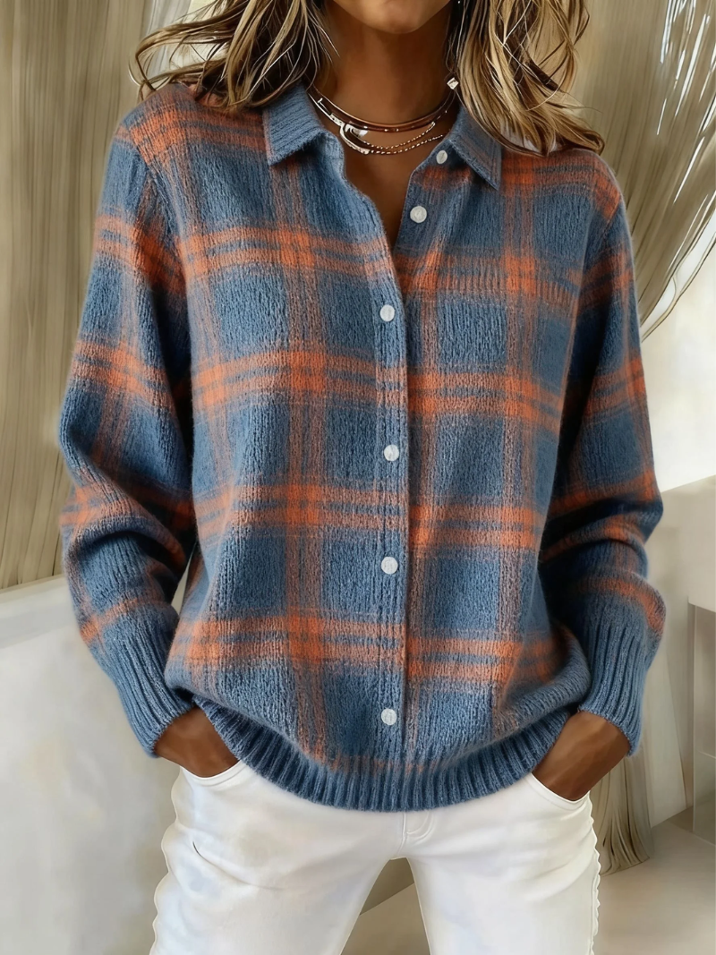Women's Knit Blouse with Check Pattern – Multicolor