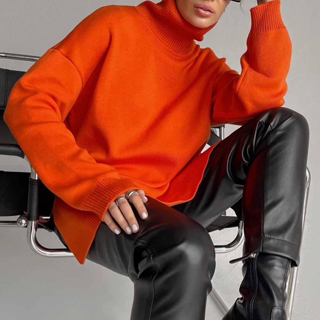 Women's Easy-Fit Roll-Neck Knit Pullover with Side Splits – Orange