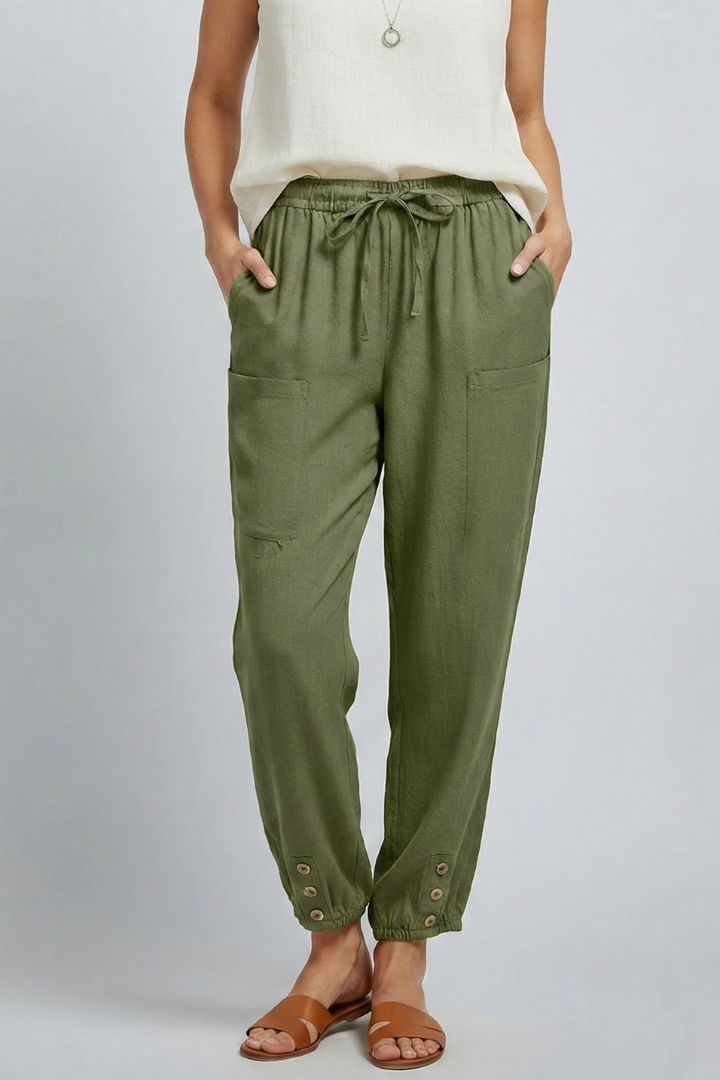 Women's Tie-Waist Straight-Cut Pants – Army Green