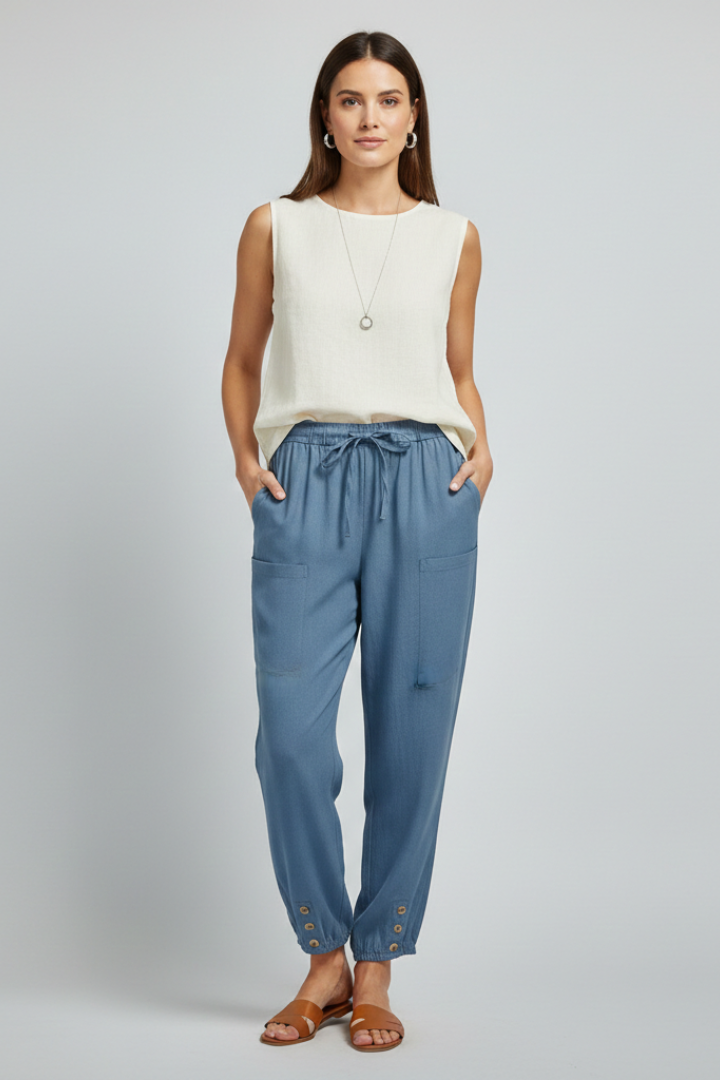 Women's Tie-Waist Straight-Cut Pants – Blue