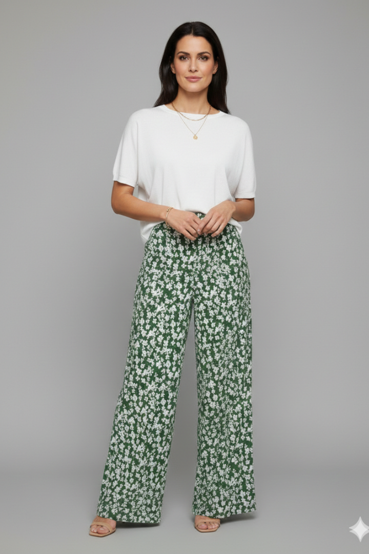 Women's Flower-Print Wide-Cut Palazzo Pants – Green