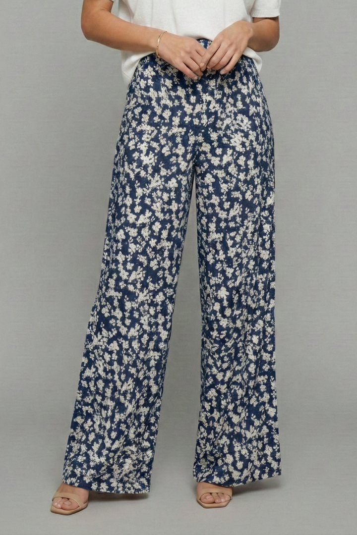 Women's Flower-Print Wide-Cut Palazzo Pants – Blue