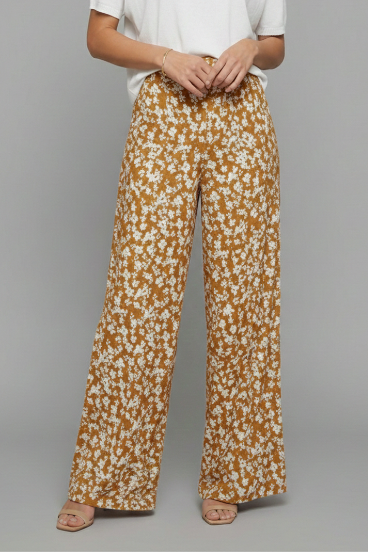 Women's Flower-Print Wide-Cut Palazzo Pants – Khaki