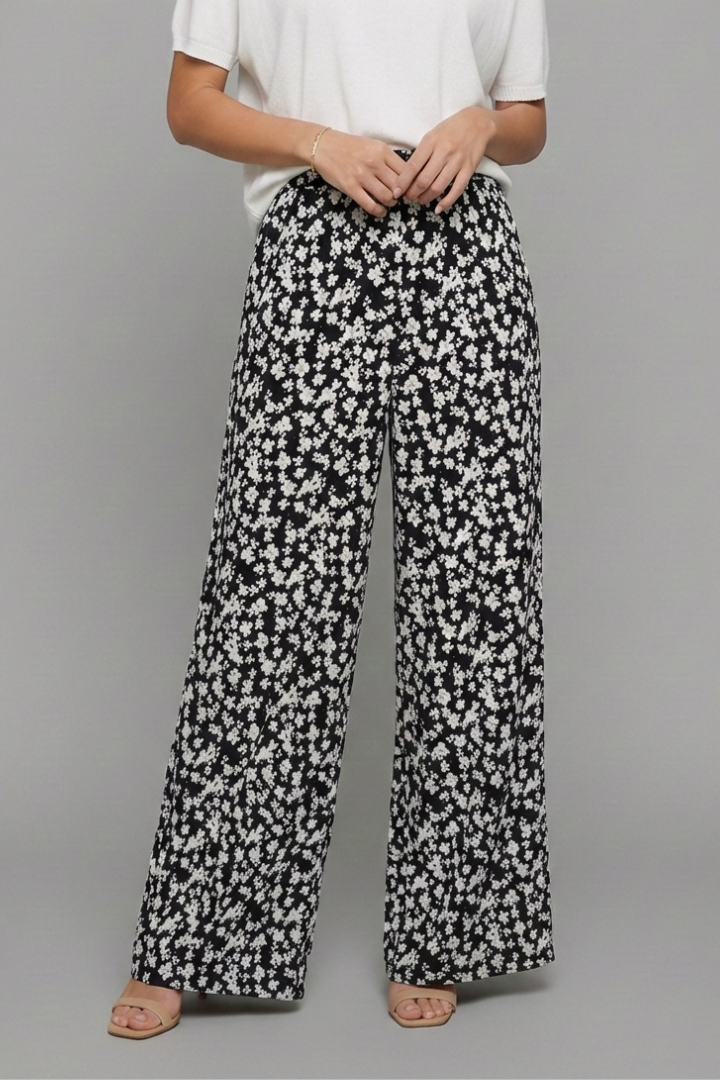 Women's Flower-Print Wide-Cut Palazzo Pants – Black