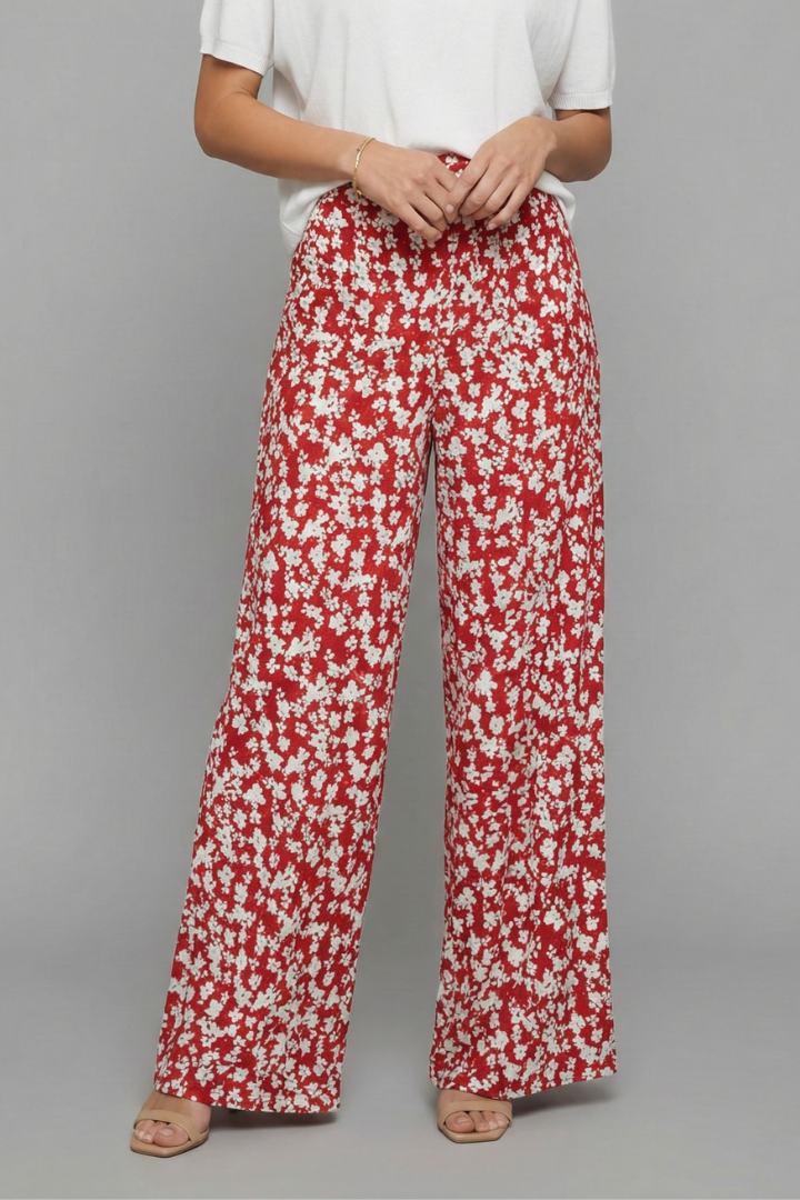 Women's Flower-Print Wide-Cut Palazzo Pants – Red