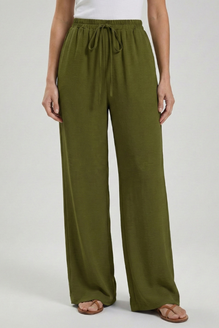 Women's Flowing Tie-Waist Palazzo Pants – Olive Green