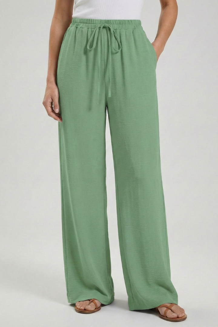Women's Flowing Tie-Waist Palazzo Pants – Bean Green