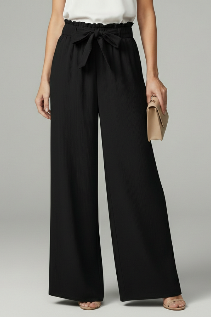 Women's Wide-Cut Tie Belt Palazzo Pants – Black