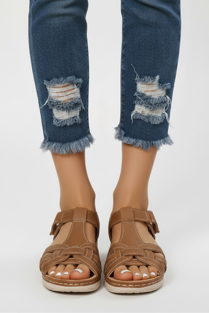 Women's Support Retro Buckle-Detail Multi-Strap Sandals – Brown