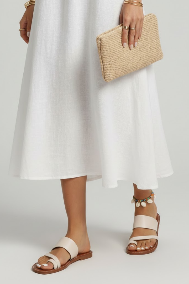 Women's Support Buckle-Detail Pull-On Flat-Sole Sandals – White