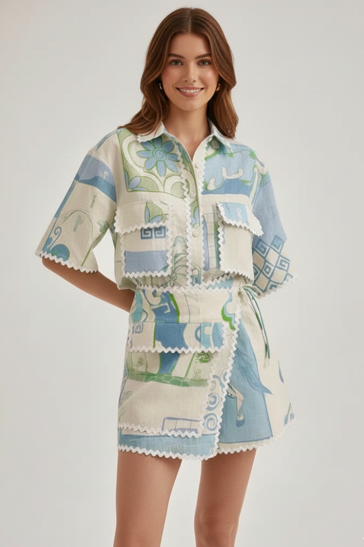 Women's Patchwork Two-Piece Shorts Set for Work – White