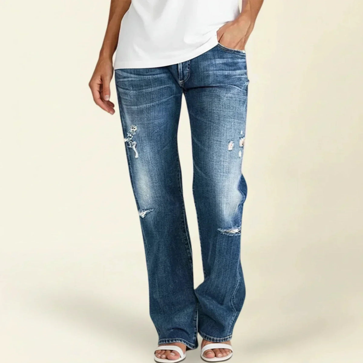 Women's Ripped High Rise Straight-Cut Jeans – Dark Blue