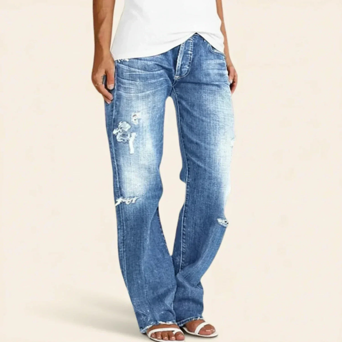 Women's Ripped High Rise Straight-Cut Jeans – Blue