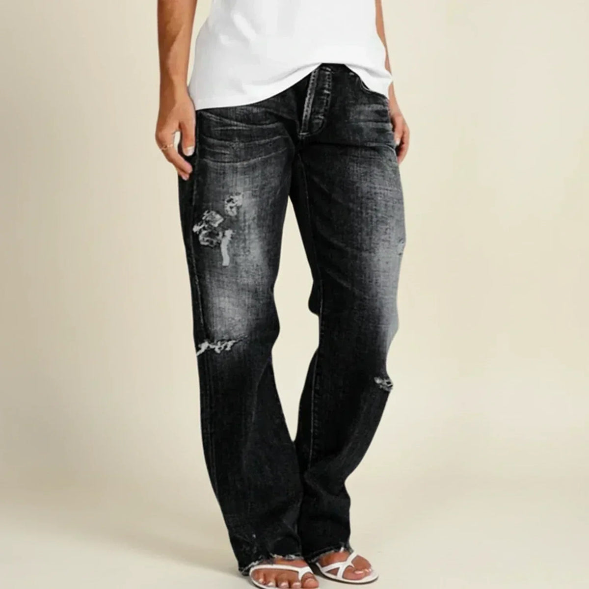 Women's Ripped High Rise Straight-Cut Jeans – Black
