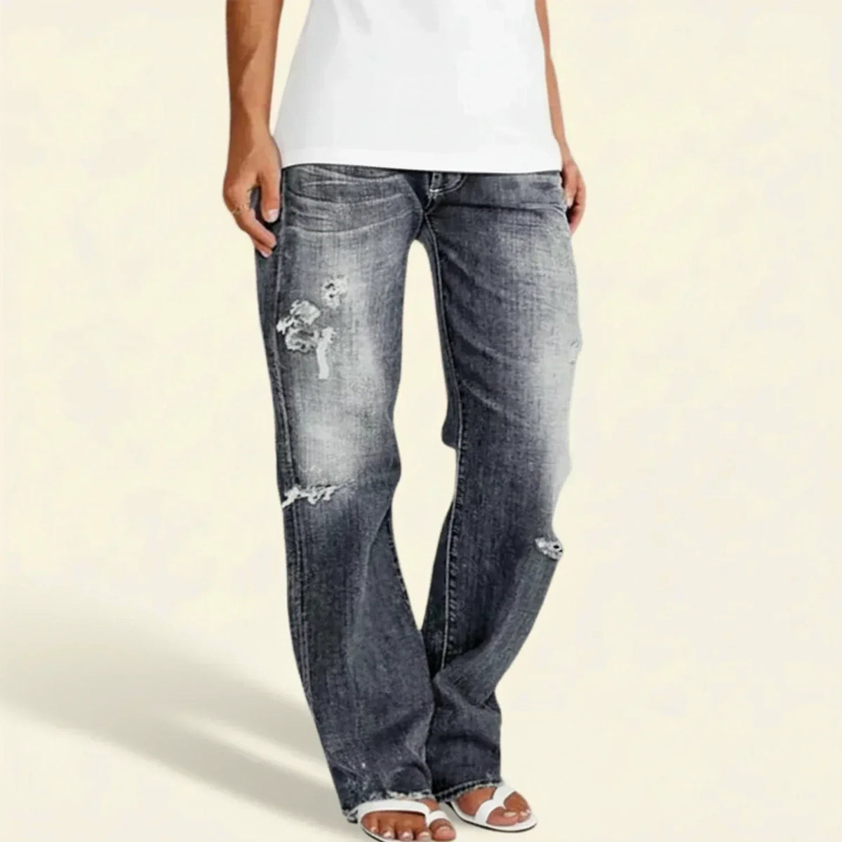 Women's Ripped High Rise Straight-Cut Jeans – Gray