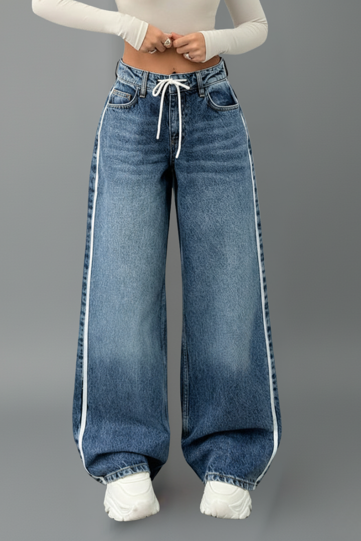 Women's Tie-Waist Wide-Cut Jeans – Medium Blue