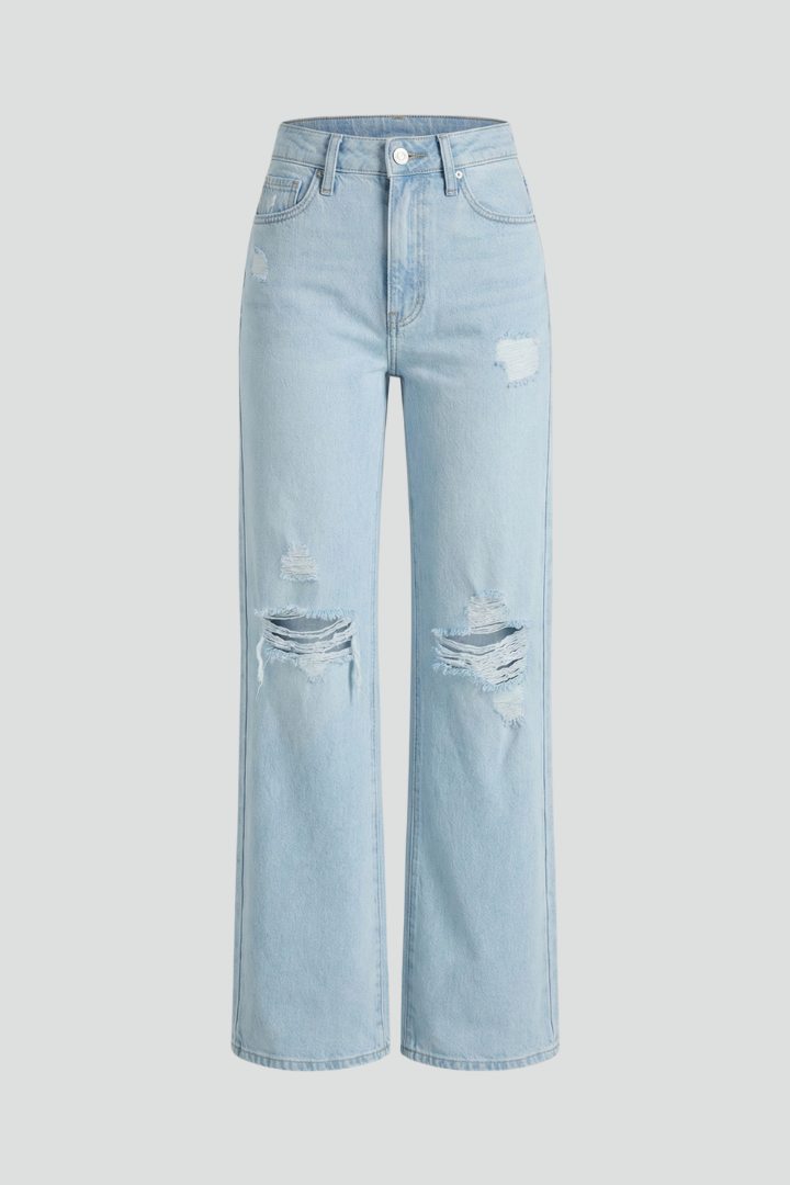 Women's Distressed Wide-Cut Jeans – Light Blue