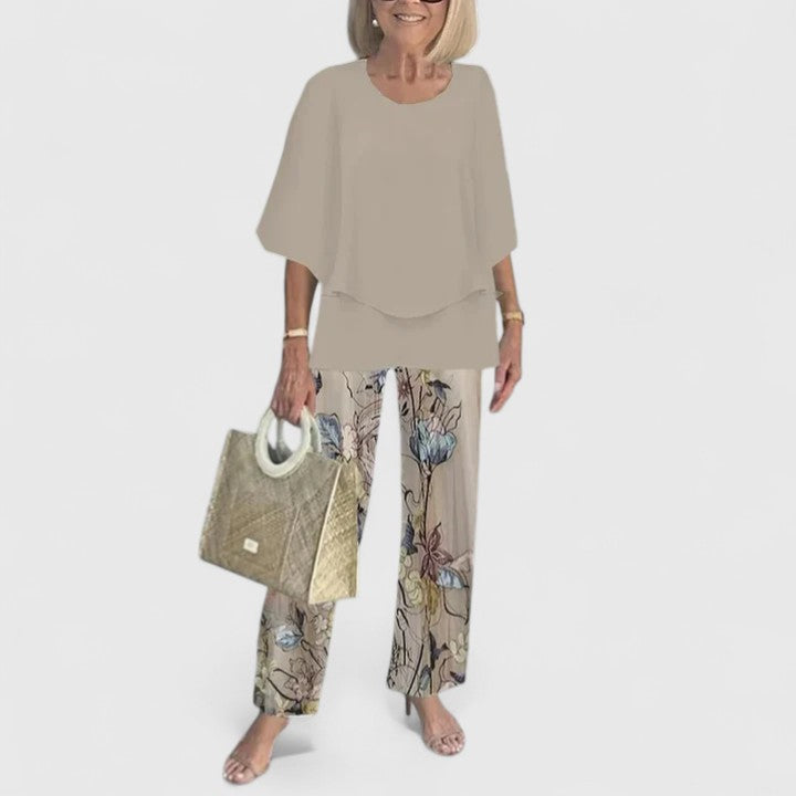 Women's Print-Detail Two-Piece Pants Set – Taupe Floral