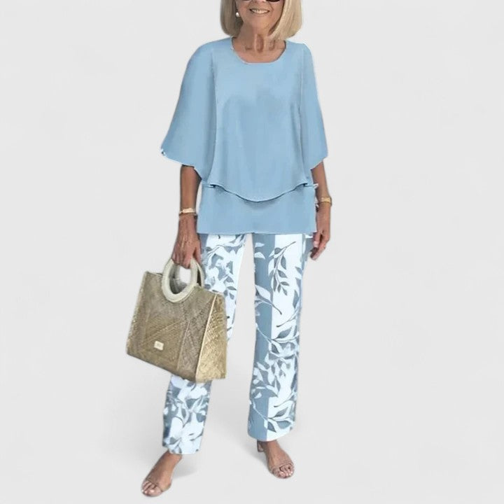 Women's Print-Detail Two-Piece Pants Set – Sky Blue Leaf Print