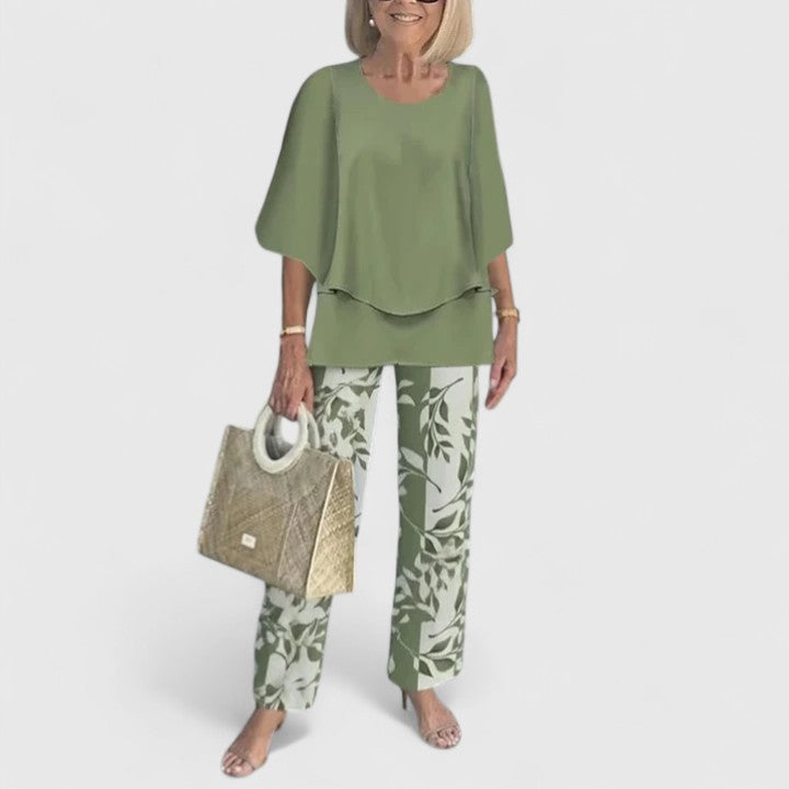 Women's Print-Detail Two-Piece Pants Set – Olive Leaf Print
