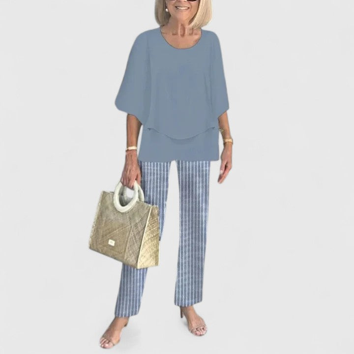 Women's Print-Detail Two-Piece Pants Set – Dusty Blue Stripe