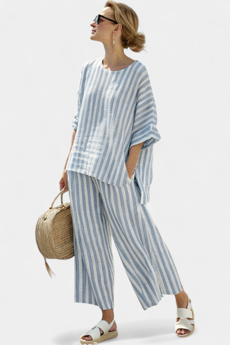 Women's Stripe-Detail Two-Piece Pants Set – Blue Stripe