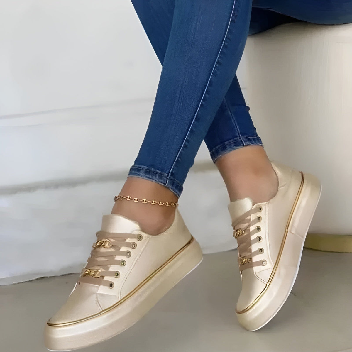 Women's Support Platform-Sole Tie-Front Sneakers – Gold