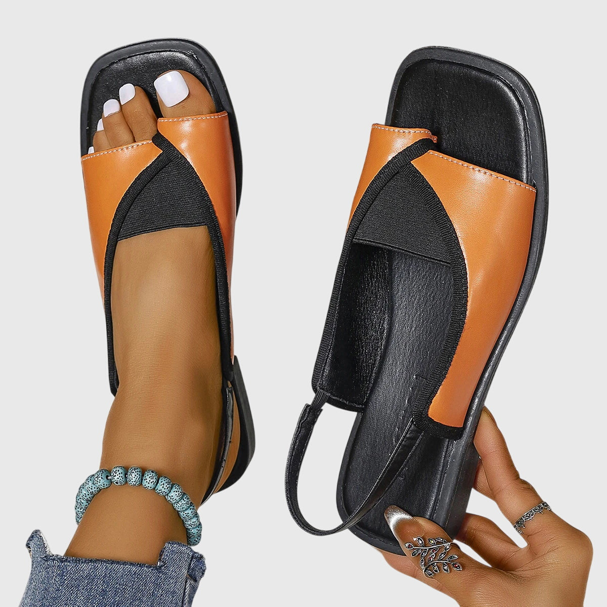 Women's Support Contrast-Strap Flat-Sole Sandals – Orange