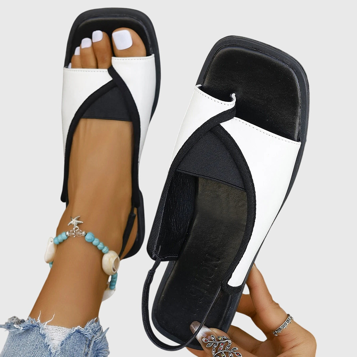 Women's Support Contrast-Strap Flat-Sole Sandals – White