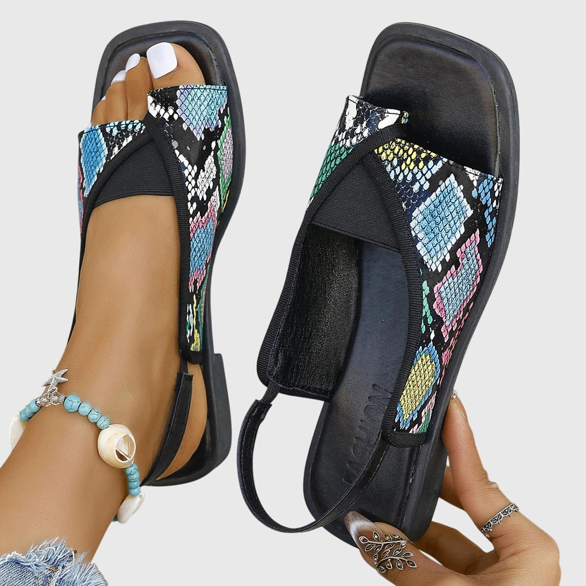 Women's Support Contrast-Strap Flat-Sole Sandals – Multicolor